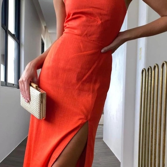 SNDYS serena linen midi dress slit tangerine strapless maxi bodycon wedding - Picture 7 of 8